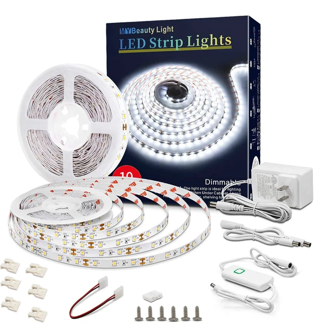 Main image of Led Strip Lights 32.8ft White Dimmable Led Light Strip Flexible Rope Lights Kits with 12v Etl Power Supply, Adhesive Clips, Dimmer Switch and Connectors for Indoor Decor
