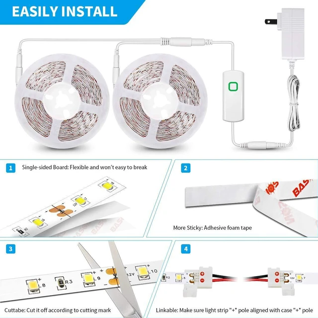 Alt view image 5 of 6 - Led Strip Lights 32.8ft White Dimmable Led Light Strip Flexible Rope Lights Kits with 12v Etl Power Supply, Adhesive Clips, Dimmer Switch and Connectors for Indoor Decor
