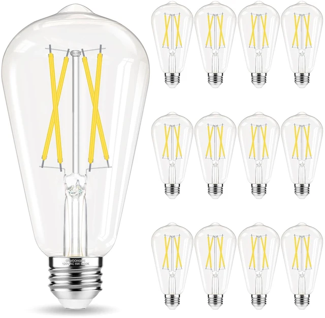 Main image of Edison Bulbs, E26 LED Bulb 60 watt Equivalent, Cool White 4000K 12 Pack, Non-Dimmable Edison Light Bulbs, E26 Medium Base, 6W 600LM, E26 Bulb, 90+ CRI, ST58 Vintage Light Bulb, Clear Glass