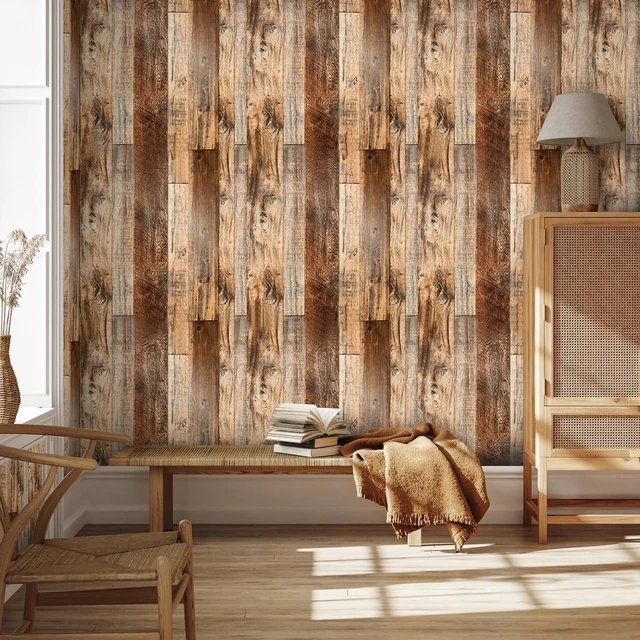 Alt view image 2 of 7 - Wood Grain Contact Paper Peel and Stick Wood Look Wallpaper for Countertops 17.5" X 984" Woodgrain Contact Paper Brown Wood Panel Removable Wallpaper Rustic Vinyl Wrap Easy to Install for Wall Cabinet