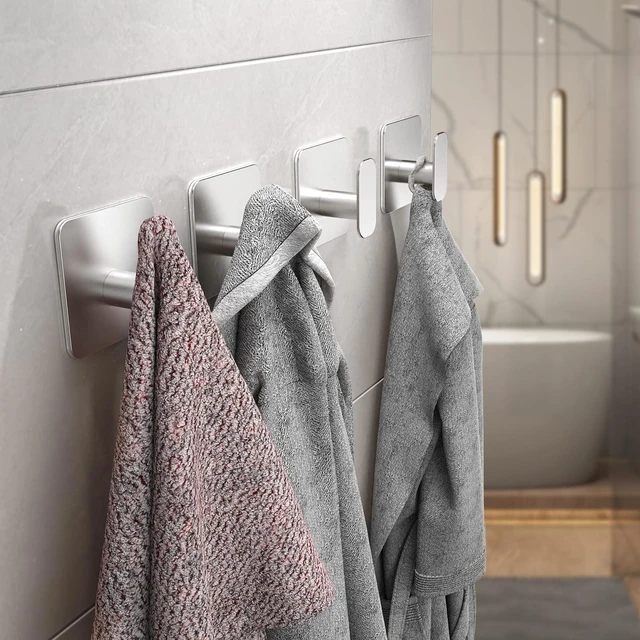 Alt view image 2 of 6 - 4 Pack Large Heavy Duty Wall Hooks - 26lb Max, Stainless Steel Adhesive Towel Hook, Shower Hooks for Hanging Towel, Coat, Robe, Sticky Wall Mount Hook for Bathroom, Kitchen and Door, Silver