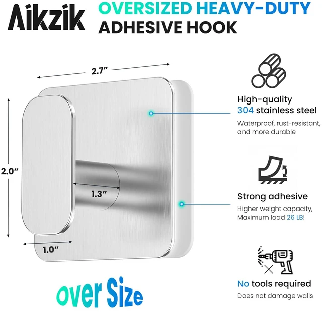 Alt view image 3 of 6 - 4 Pack Large Heavy Duty Wall Hooks - 26lb Max, Stainless Steel Adhesive Towel Hook, Shower Hooks for Hanging Towel, Coat, Robe, Sticky Wall Mount Hook for Bathroom, Kitchen and Door, Silver
