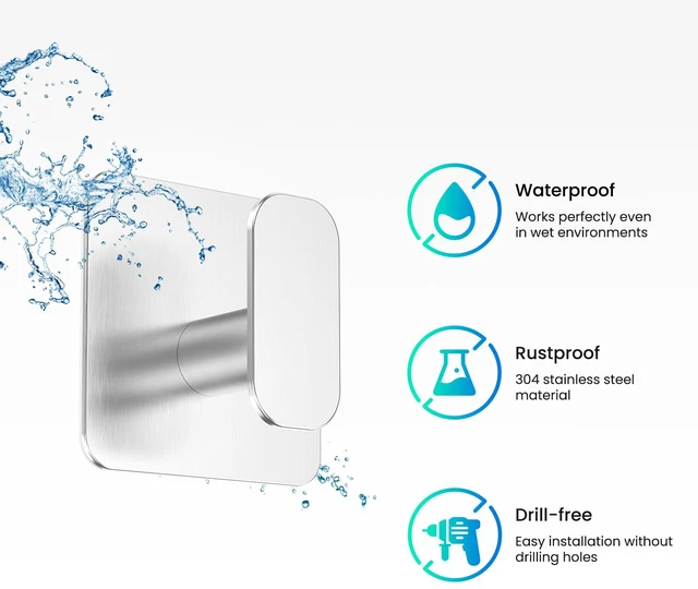 Alt view image 5 of 6 - 4 Pack Large Heavy Duty Wall Hooks - 26lb Max, Stainless Steel Adhesive Towel Hook, Shower Hooks for Hanging Towel, Coat, Robe, Sticky Wall Mount Hook for Bathroom, Kitchen and Door, Silver
