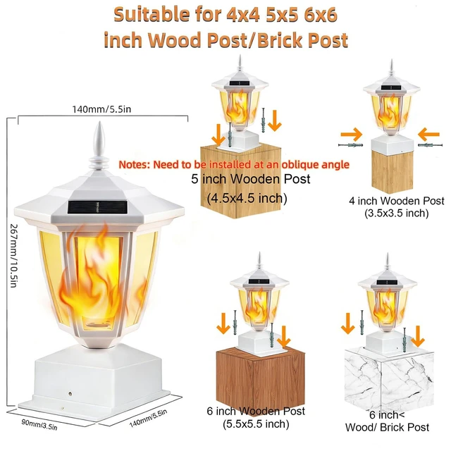 Alt view image 2 of 7 - 6 Pack Solar Flame Post Lights Outdoor, Solar Powered Lamps Fence Post Cap Lights, Flickering Flame LED Lantern Waterproof for Garden Deck Patio, Fit 4x4, 5x5 6x6 Wooden Posts, White Shell