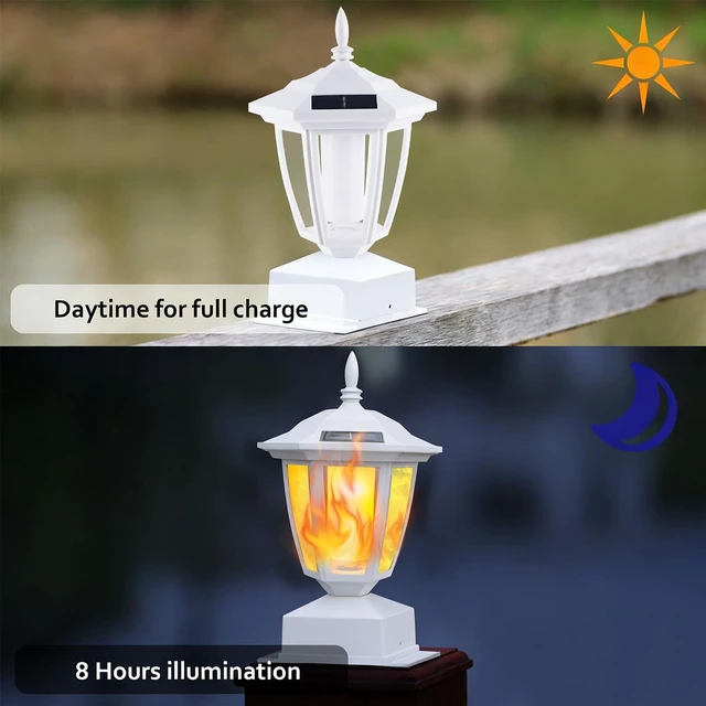 Alt view image 4 of 7 - 6 Pack Solar Flame Post Lights Outdoor, Solar Powered Lamps Fence Post Cap Lights, Flickering Flame LED Lantern Waterproof for Garden Deck Patio, Fit 4x4, 5x5 6x6 Wooden Posts, White Shell