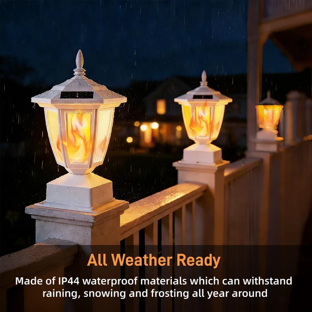 Alt view image 3 of 7 - 6 Pack Solar Flame Post Lights Outdoor, Solar Powered Lamps Fence Post Cap Lights, Flickering Flame LED Lantern Waterproof for Garden Deck Patio, Fit 4x4, 5x5 6x6 Wooden Posts, White Shell