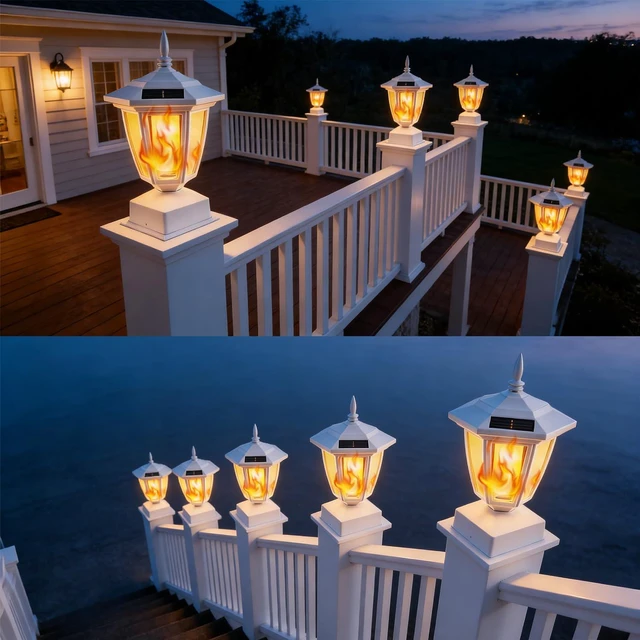 Alt view image 5 of 7 - 6 Pack Solar Flame Post Lights Outdoor, Solar Powered Lamps Fence Post Cap Lights, Flickering Flame LED Lantern Waterproof for Garden Deck Patio, Fit 4x4, 5x5 6x6 Wooden Posts, White Shell