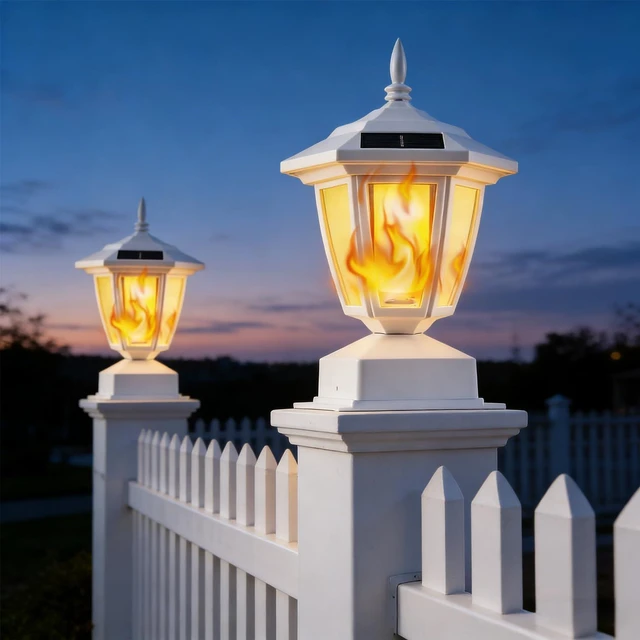 Alt view image 7 of 7 - 6 Pack Solar Flame Post Lights Outdoor, Solar Powered Lamps Fence Post Cap Lights, Flickering Flame LED Lantern Waterproof for Garden Deck Patio, Fit 4x4, 5x5 6x6 Wooden Posts, White Shell