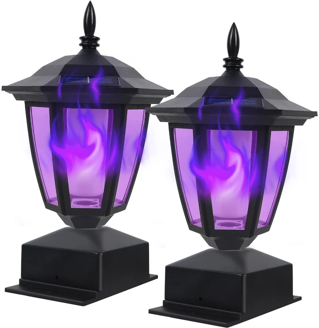 Main image of Solar Flame Post Cap Lights Outdoor, Halloween Flickering Purple Flame Post Lights, Solar Powered LED Lantern Waterproof for Garden Deck Fence Patio, Fit 4x4, 5x5 or 6x6 Wooden Posts, 2 Pack