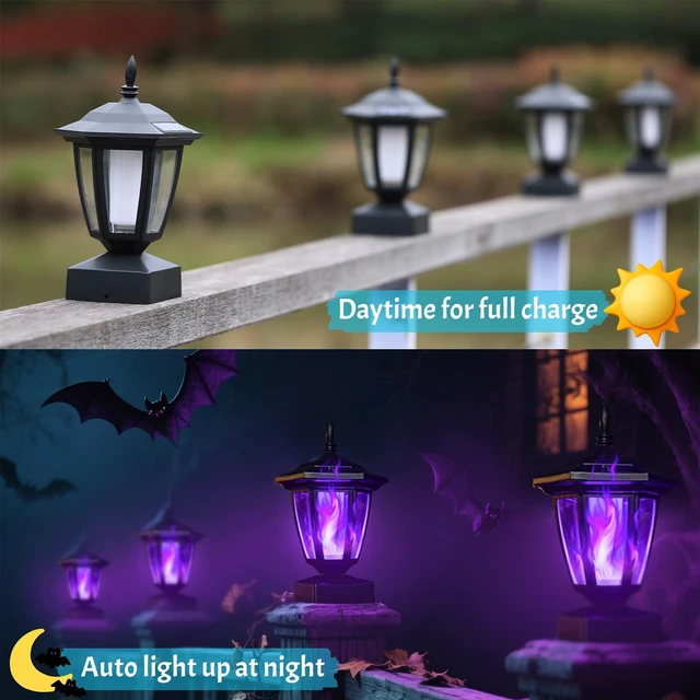 Alt view image 2 of 7 - Solar Flame Post Cap Lights Outdoor, Halloween Flickering Purple Flame Post Lights, Solar Powered LED Lantern Waterproof for Garden Deck Fence Patio, Fit 4x4, 5x5 or 6x6 Wooden Posts, 6 Pack