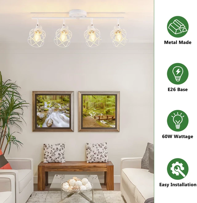 Alt view image 3 of 7 - 4-Lights Kitchen Light Fixtures Ceiling Mount, Adjustable Multi-Directional White Flush Mount Ceiling Light Fixture with Metal Cage, Modern Spot Ceiling Lamp for Hallway, Dining Room, Bedroom