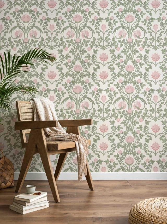 Main image of Floral Wallpaper Peel and Stick - 393.7" × 17.3" Pink and Green Wallpaper for Bedroom Decorative Self Adhesive Shelf Drawer Liner