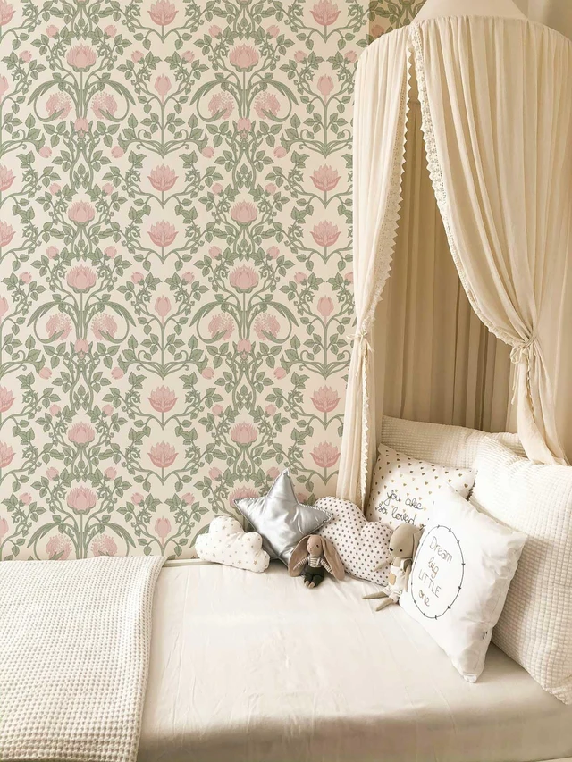 Alt view image 2 of 7 - Floral Wallpaper Peel and Stick - 393.7" × 17.3" Pink and Green Wallpaper for Bedroom Decorative Self Adhesive Shelf Drawer Liner