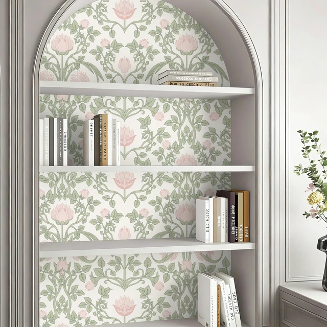 Alt view image 4 of 7 - Floral Wallpaper Peel and Stick - 393.7" × 17.3" Pink and Green Wallpaper for Bedroom Decorative Self Adhesive Shelf Drawer Liner
