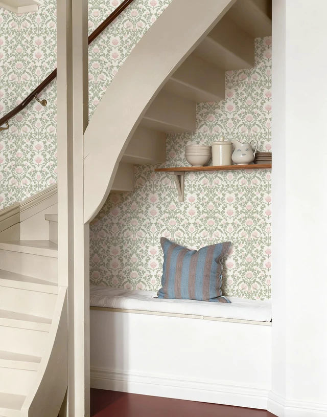 Alt view image 5 of 7 - Floral Wallpaper Peel and Stick - 393.7" × 17.3" Pink and Green Wallpaper for Bedroom Decorative Self Adhesive Shelf Drawer Liner