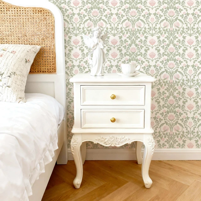 Alt view image 3 of 7 - Floral Wallpaper Peel and Stick - 393.7" × 17.3" Pink and Green Wallpaper for Bedroom Decorative Self Adhesive Shelf Drawer Liner