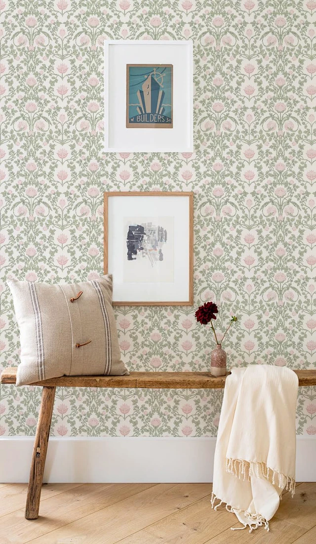 Alt view image 7 of 7 - Floral Wallpaper Peel and Stick - 393.7" × 17.3" Pink and Green Wallpaper for Bedroom Decorative Self Adhesive Shelf Drawer Liner