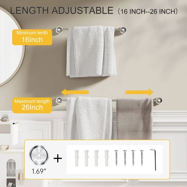 Alt view image 5 of 7 - Towel Racks for Bathroom Wall Mounted Bath Towel Bar Polished Chrome Adjustable 16-26 In, Wall Mounted Towel Holder, Stainless Steel, Rustproof, Towel Bar Rod Hanger Hardware Accessories Hotel