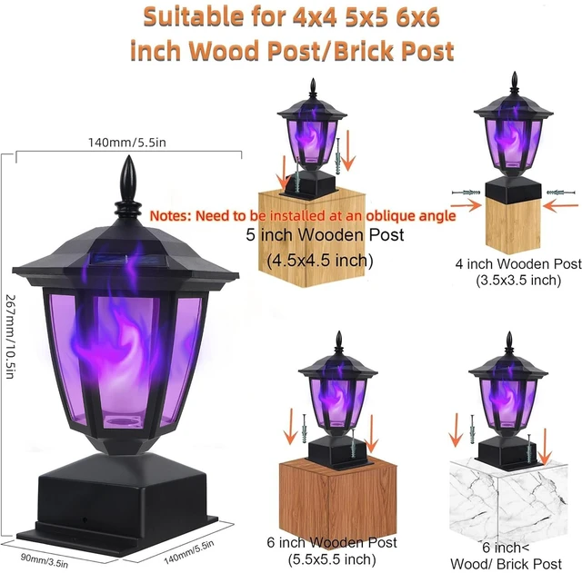 Alt view image 3 of 7 - Solar Flame Post Cap Lights Outdoor, Halloween Flickering Purple Flame Post Lights, Solar Powered LED Lantern Waterproof for Garden Deck Fence Patio, Fit 4x4, 5x5 or 6x6 Wooden Posts, 6 Pack