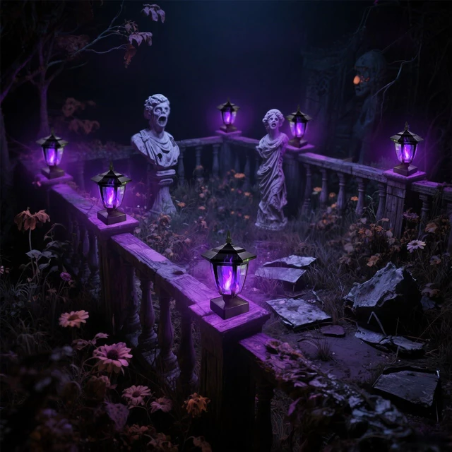 Alt view image 4 of 7 - Solar Flame Post Cap Lights Outdoor, Halloween Flickering Purple Flame Post Lights, Solar Powered LED Lantern Waterproof for Garden Deck Fence Patio, Fit 4x4, 5x5 or 6x6 Wooden Posts, 6 Pack