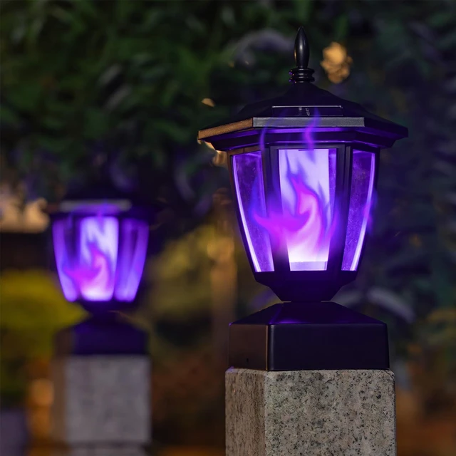 Alt view image 7 of 7 - Solar Flame Post Cap Lights Outdoor, Halloween Flickering Purple Flame Post Lights, Solar Powered LED Lantern Waterproof for Garden Deck Fence Patio, Fit 4x4, 5x5 or 6x6 Wooden Posts, 6 Pack