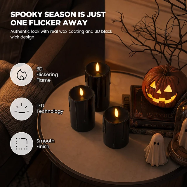 Alt view image 3 of 7 - Black Real Wax Dripping Halloween Flameless Pillar Candles with Remote Battery-Operated 3D Flickering Flame Black Flameless Candles with Remote and Timer, Melted Top, 3" x 4",5",6", Set of 3