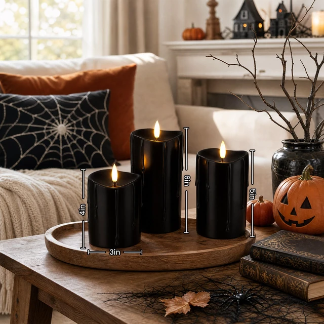 Alt view image 4 of 7 - Black Real Wax Dripping Halloween Flameless Pillar Candles with Remote Battery-Operated 3D Flickering Flame Black Flameless Candles with Remote and Timer, Melted Top, 3" x 4",5",6", Set of 3