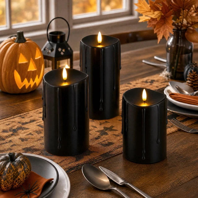 Alt view image 2 of 7 - Black Real Wax Dripping Halloween Flameless Pillar Candles with Remote Battery-Operated 3D Flickering Flame Black Flameless Candles with Remote and Timer, Melted Top, 3" x 4",5",6", Set of 3