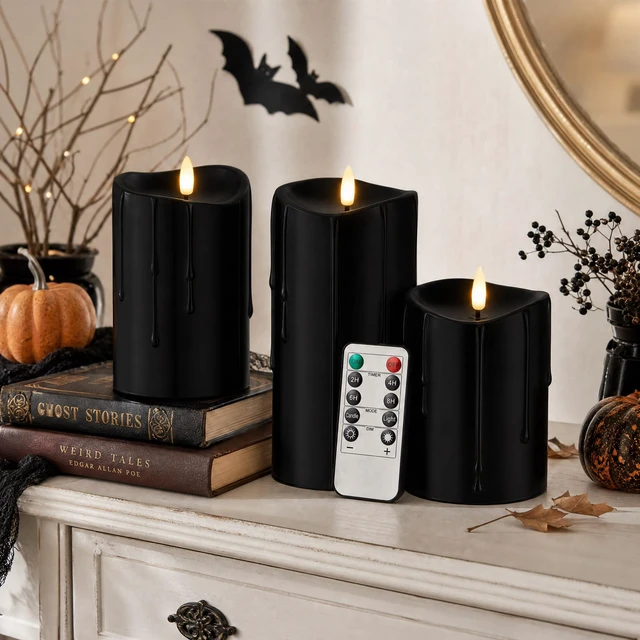 Alt view image 5 of 7 - Black Real Wax Dripping Halloween Flameless Pillar Candles with Remote Battery-Operated 3D Flickering Flame Black Flameless Candles with Remote and Timer, Melted Top, 3" x 4",5",6", Set of 3