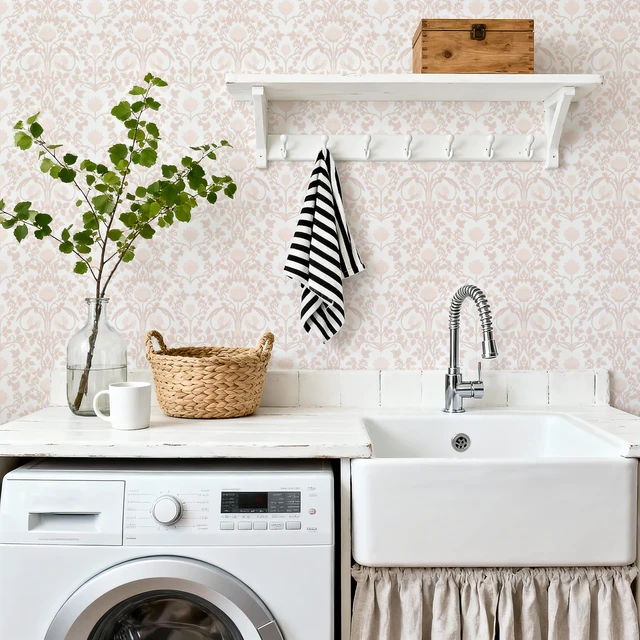 Alt view image 6 of 7 - 17.3" × 393.7" Pink Peel and Stick Wallpaper, Floral Wallpaper for Bedroom Bathroom Self Adhesive Removable