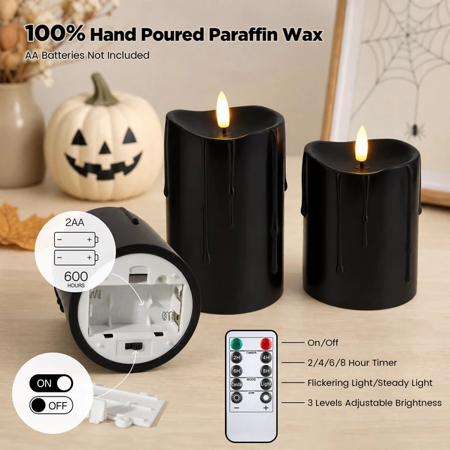 Alt view image 6 of 7 - Black Real Wax Dripping Halloween Flameless Pillar Candles with Remote Battery-Operated 3D Flickering Flame Black Flameless Candles with Remote and Timer, Melted Top, 3" x 4",5",6", Set of 3