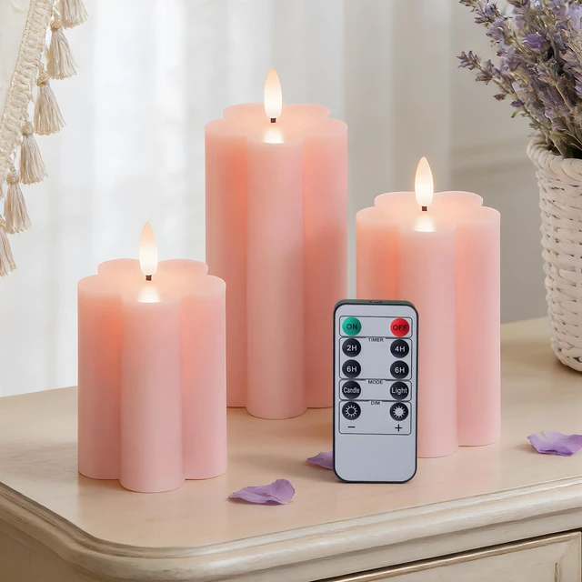 Main image of Pink Flower LED Real Wax Flameless Battery-Operated Pillar Candles Flameless Candles with Remote and Timer 3D Flickering Flame, Melted Edge, 3" x 4",5",6", Set of 3,600-Hour Battery Life