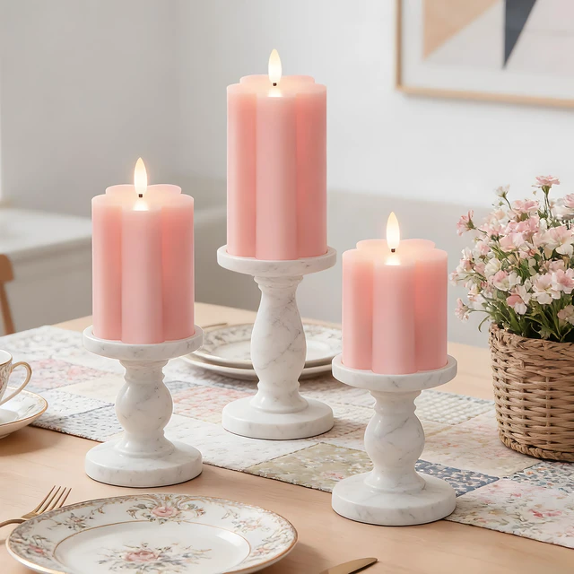 Alt view image 2 of 7 - Pink Flower LED Real Wax Flameless Battery-Operated Pillar Candles Flameless Candles with Remote and Timer 3D Flickering Flame, Melted Edge, 3" x 4",5",6", Set of 3,600-Hour Battery Life
