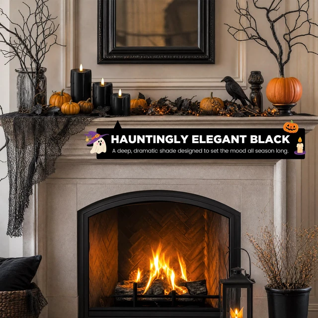 Alt view image 7 of 7 - Black Real Wax Dripping Halloween Flameless Pillar Candles with Remote Battery-Operated 3D Flickering Flame Black Flameless Candles with Remote and Timer, Melted Top, 3" x 4",5",6", Set of 3