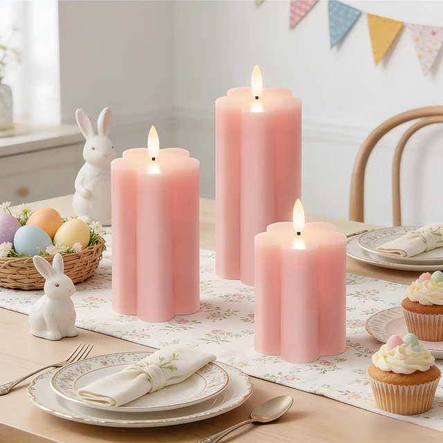 Alt view image 3 of 7 - Pink Flower LED Real Wax Flameless Battery-Operated Pillar Candles Flameless Candles with Remote and Timer 3D Flickering Flame, Melted Edge, 3" x 4",5",6", Set of 3,600-Hour Battery Life