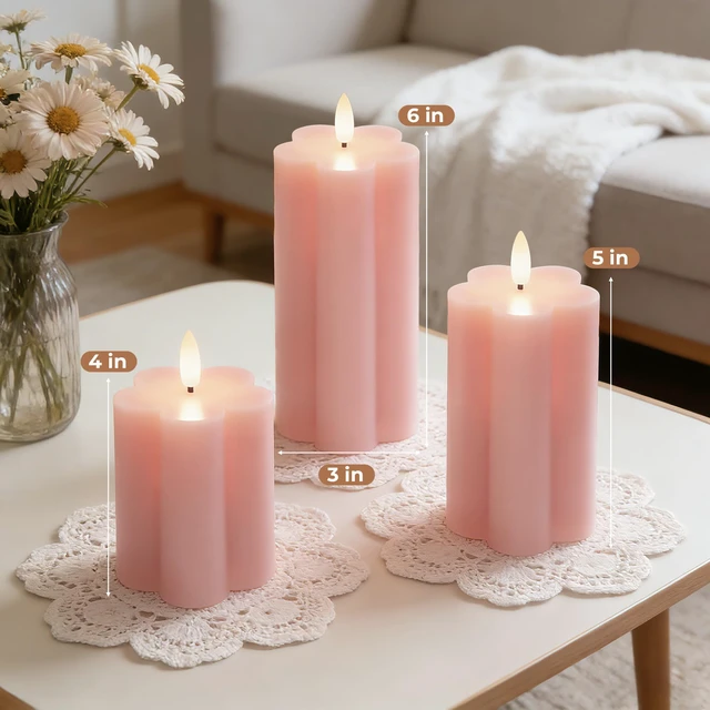 Alt view image 4 of 7 - Pink Flower LED Real Wax Flameless Battery-Operated Pillar Candles Flameless Candles with Remote and Timer 3D Flickering Flame, Melted Edge, 3" x 4",5",6", Set of 3,600-Hour Battery Life
