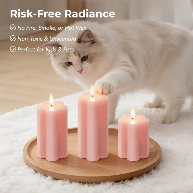 Alt view image 5 of 7 - Pink Flower LED Real Wax Flameless Battery-Operated Pillar Candles Flameless Candles with Remote and Timer 3D Flickering Flame, Melted Edge, 3" x 4",5",6", Set of 3,600-Hour Battery Life