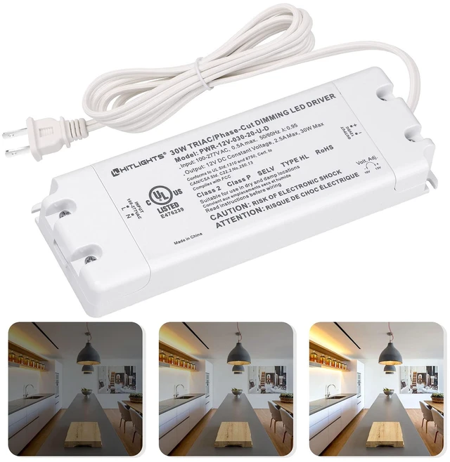 Main image of 30W Dimmable LED Driver, 120V AC to 12V DC Transformer, UL Listed TRIAC / Forward-Phase Dimming, For LED Strip Lights Signs, Compatible with Lutron Leviton Dimmer