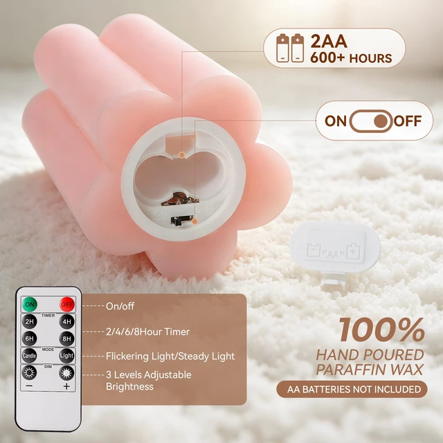 Alt view image 6 of 7 - Pink Flower LED Real Wax Flameless Battery-Operated Pillar Candles Flameless Candles with Remote and Timer 3D Flickering Flame, Melted Edge, 3" x 4",5",6", Set of 3,600-Hour Battery Life