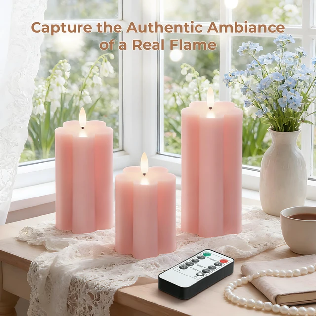 Alt view image 7 of 7 - Pink Flower LED Real Wax Flameless Battery-Operated Pillar Candles Flameless Candles with Remote and Timer 3D Flickering Flame, Melted Edge, 3" x 4",5",6", Set of 3,600-Hour Battery Life