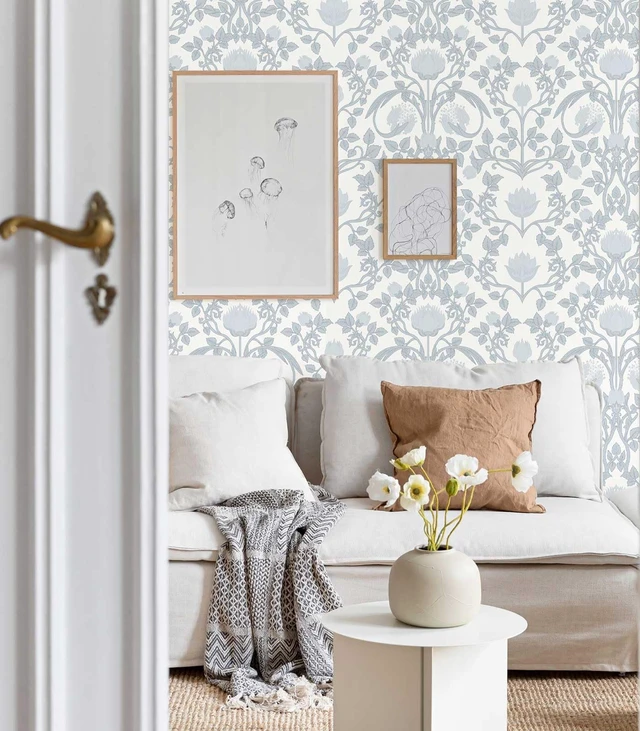 Alt view image 4 of 7 - 17.3" × 393.7" Blue Floral Peel and Stick Wallpaper, Damask Vintage Wallpaper for Bedroom Bathroom Self Adhesive Removable