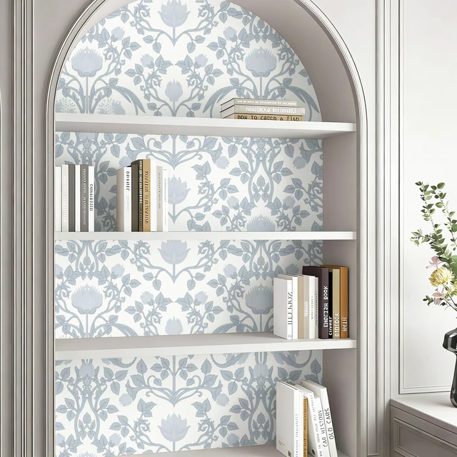 Alt view image 5 of 7 - 17.3" × 393.7" Blue Floral Peel and Stick Wallpaper, Damask Vintage Wallpaper for Bedroom Bathroom Self Adhesive Removable