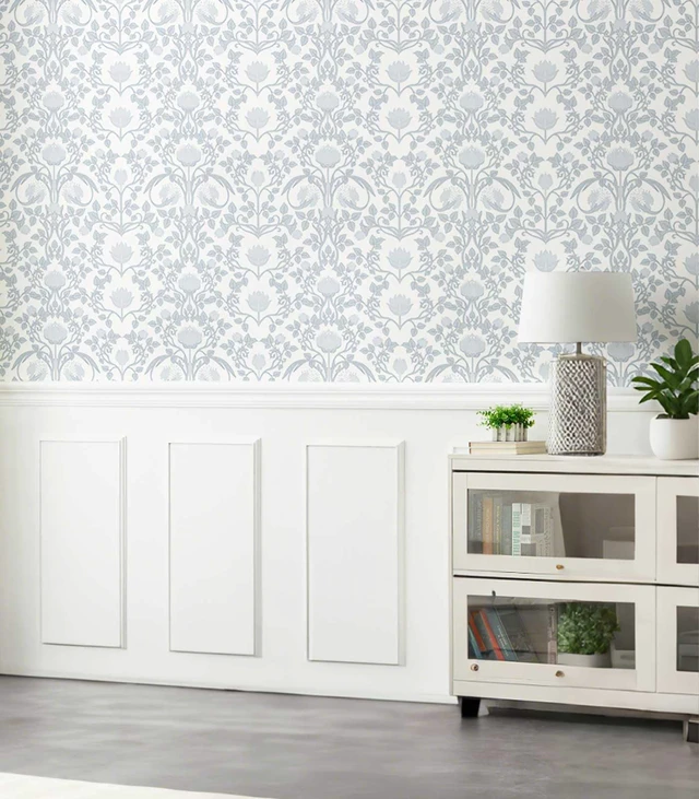 Alt view image 7 of 7 - 17.3" × 393.7" Blue Floral Peel and Stick Wallpaper, Damask Vintage Wallpaper for Bedroom Bathroom Self Adhesive Removable
