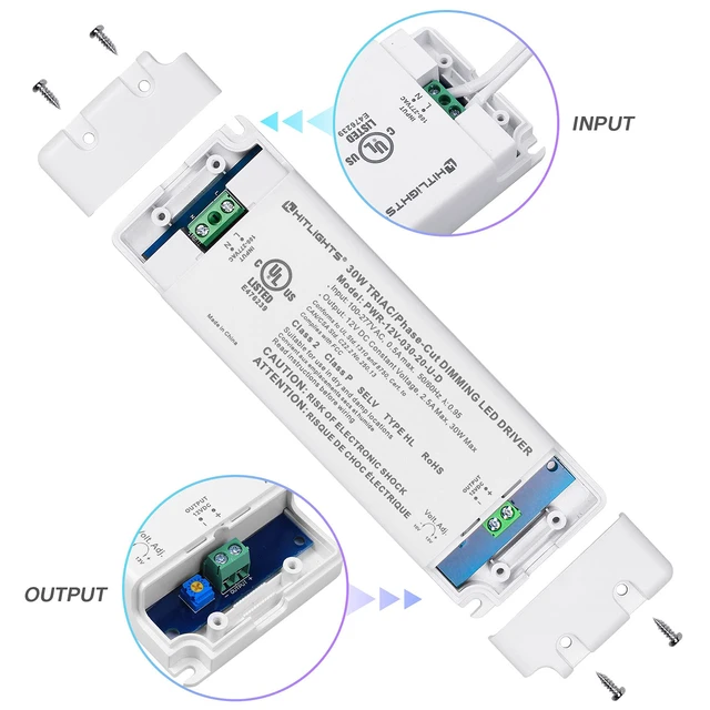 Alt view image 2 of 6 - 30W Dimmable LED Driver, 120V AC to 12V DC Transformer, UL Listed TRIAC / Forward-Phase Dimming, For LED Strip Lights Signs, Compatible with Lutron Leviton Dimmer