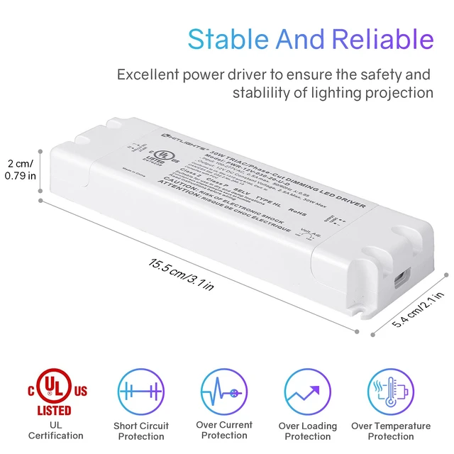 Alt view image 5 of 6 - 30W Dimmable LED Driver, 120V AC to 12V DC Transformer, UL Listed TRIAC / Forward-Phase Dimming, For LED Strip Lights Signs, Compatible with Lutron Leviton Dimmer