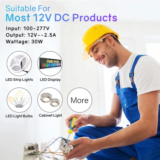 Alt view image 6 of 6 - 30W Dimmable LED Driver, 120V AC to 12V DC Transformer, UL Listed TRIAC / Forward-Phase Dimming, For LED Strip Lights Signs, Compatible with Lutron Leviton Dimmer
