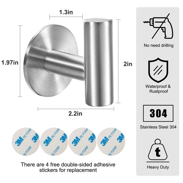 Alt view image 2 of 6 - Brushed Nickel Self Adhesive Stainless Steel Towel Hooks (4-Pack) SUS304, Self-Adhesive, Heavy Duty, Waterproof, Coat Robe Hook for Bathroom, Kitchen, Hotel