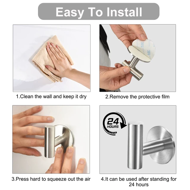 Alt view image 5 of 6 - Brushed Nickel Self Adhesive Stainless Steel Towel Hooks (4-Pack) SUS304, Self-Adhesive, Heavy Duty, Waterproof, Coat Robe Hook for Bathroom, Kitchen, Hotel
