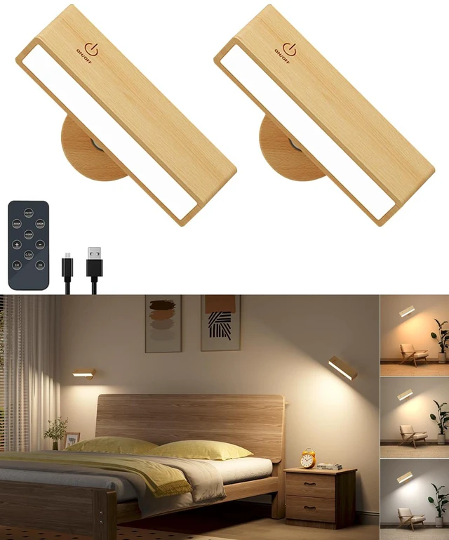 Main image of Wooden Wall Sconce Battery Operated with Remote,Rechargeable Wall Lights for Bedroom with 3 Color Temperature, Magnetic, Stick-On, Dimmable Wall Reading Lights (Beech Wood, 2Pack-Remote)