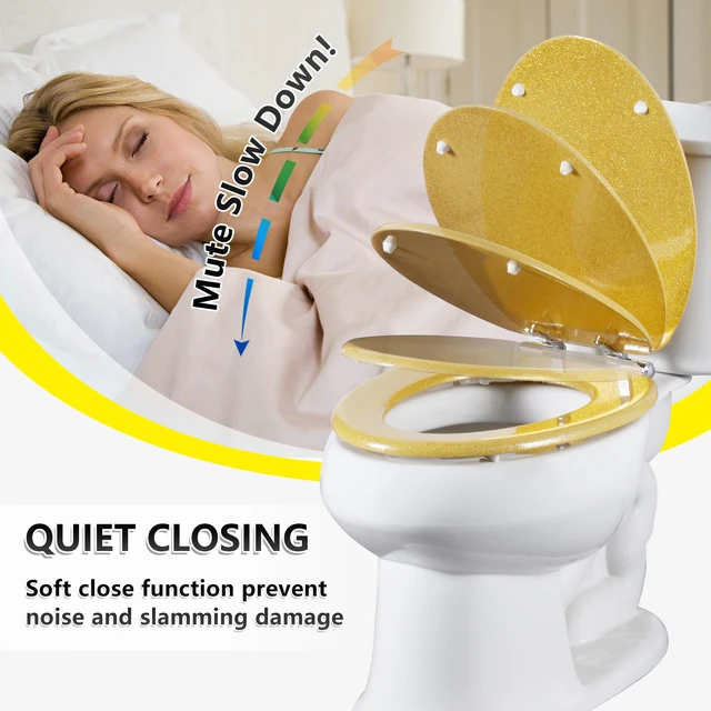 Alt view image 3 of 7 - Glitter Toilet Seat, Slow Close (Elongated, Yellow) Molded Wood Elongated Toilet Seat, Quiet Close, Quick Release Hinges, Easy to Install and Clean